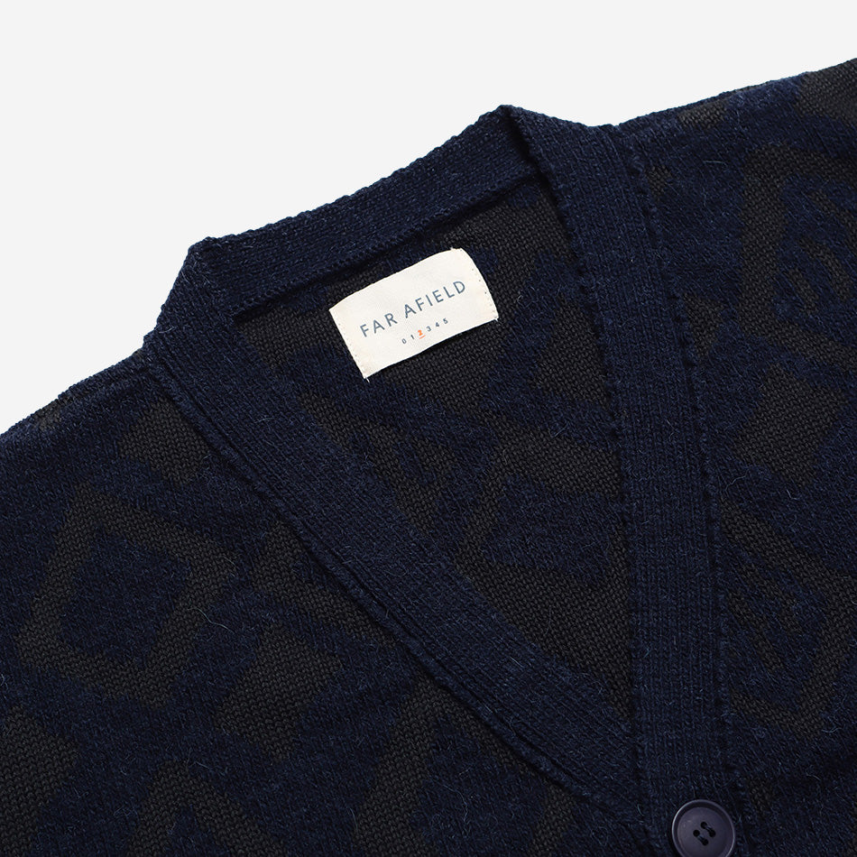 Buckley Geo Pattern Wool Cardigan - Navy Iris/Forest Green