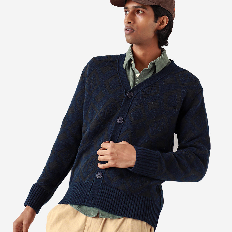 Buckley Geo Pattern Wool Cardigan - Navy Iris/Forest Green