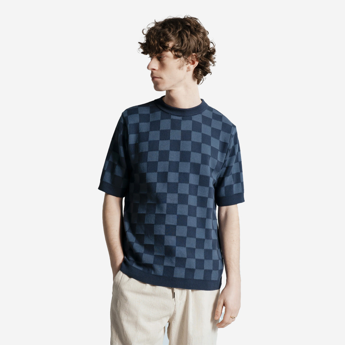 Caetano Checkered Knit T-Shirt - Navy/Blue