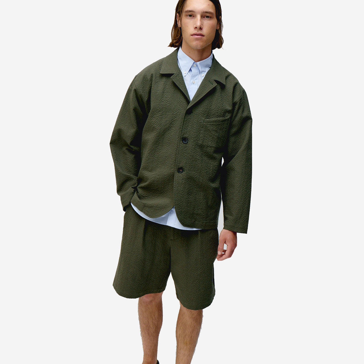 City Seersucker Blazer Jacket - Olive