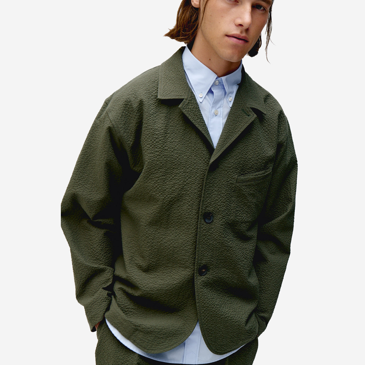 City Seersucker Blazer Jacket - Olive