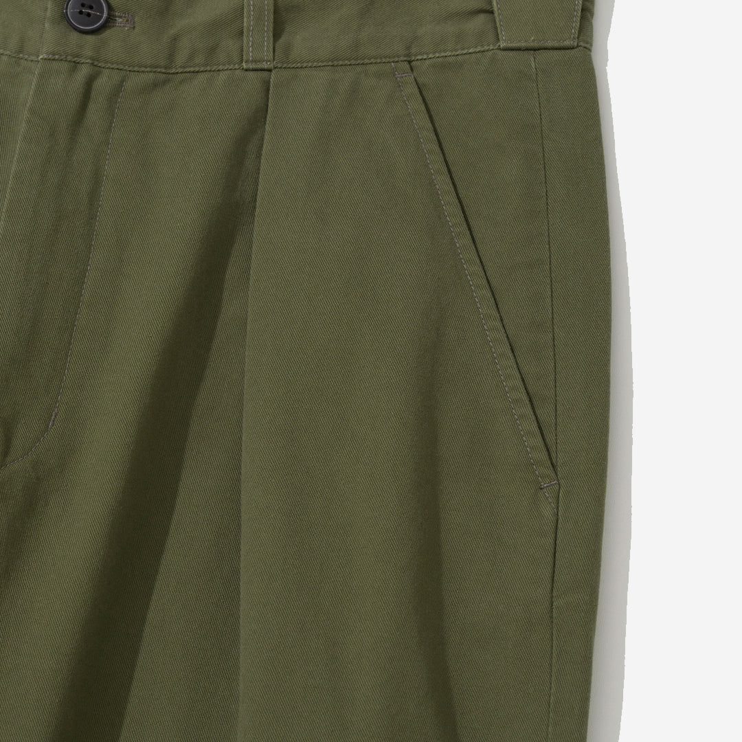 Cotton Drill Wide Chino Pants - Olive