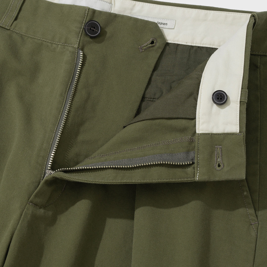 Cotton Drill Wide Chino Pants - Olive