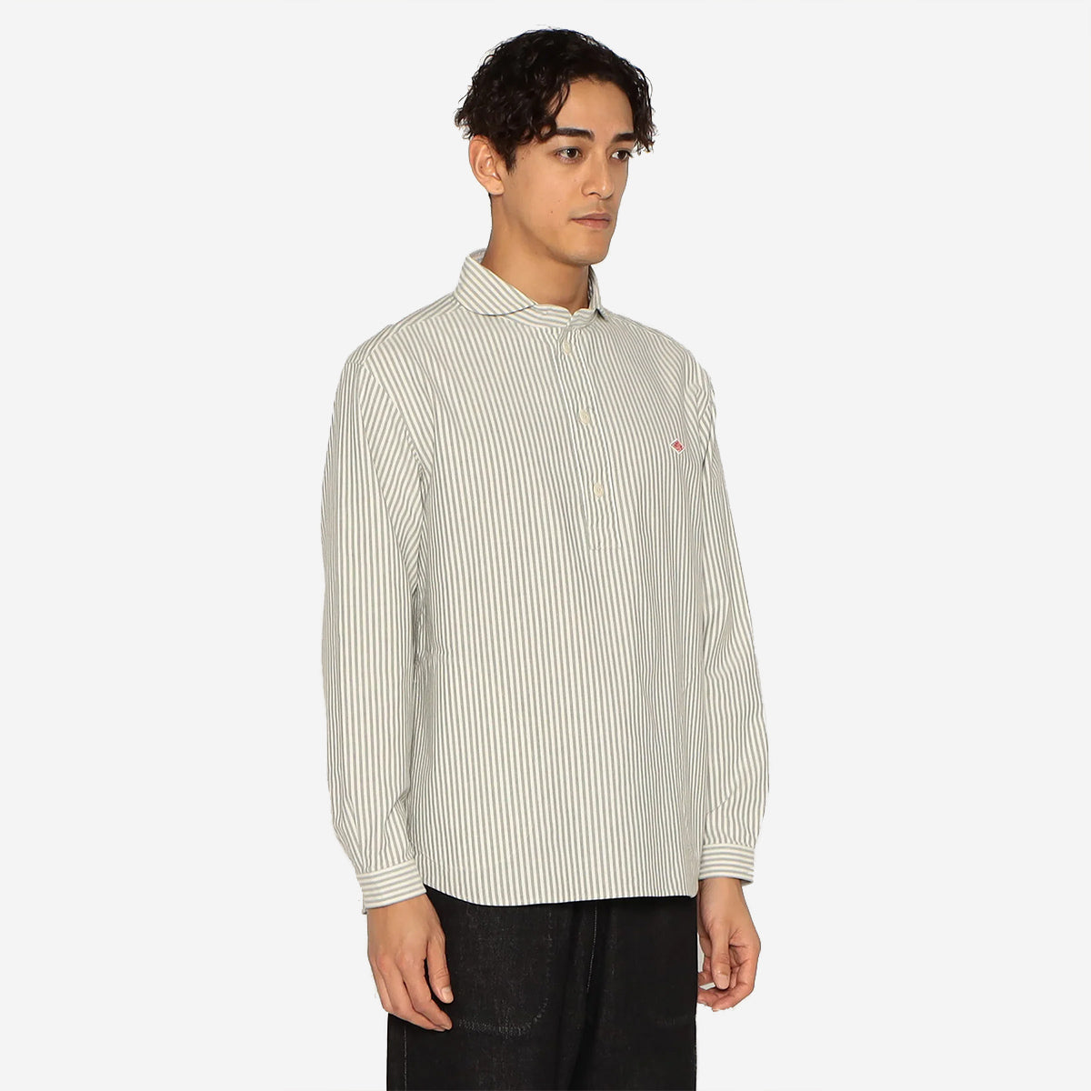 Pullover Round Collar Oxford Shirt - Olive x Ecru Stripe