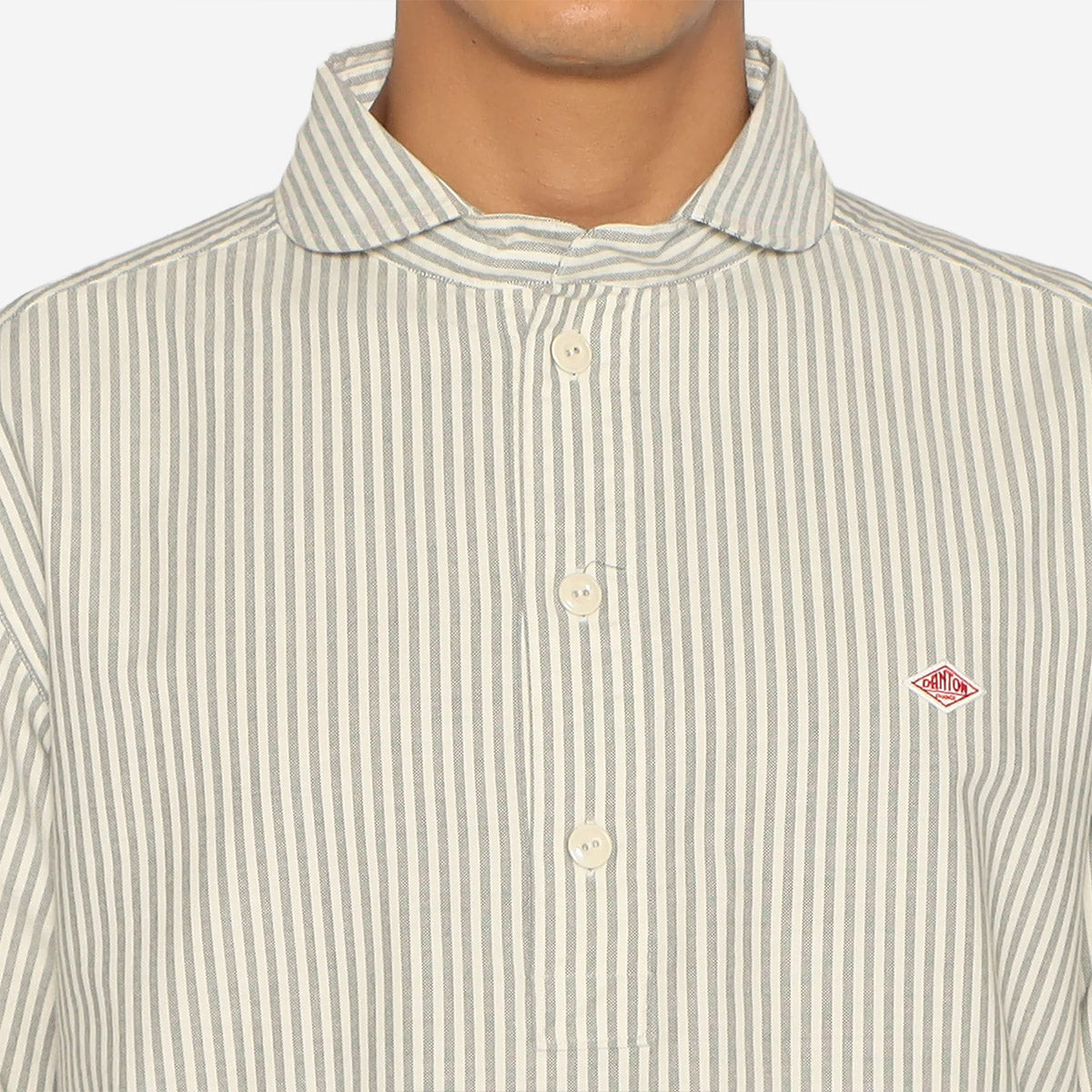 Pullover Round Collar Oxford Shirt - Olive x Ecru Stripe