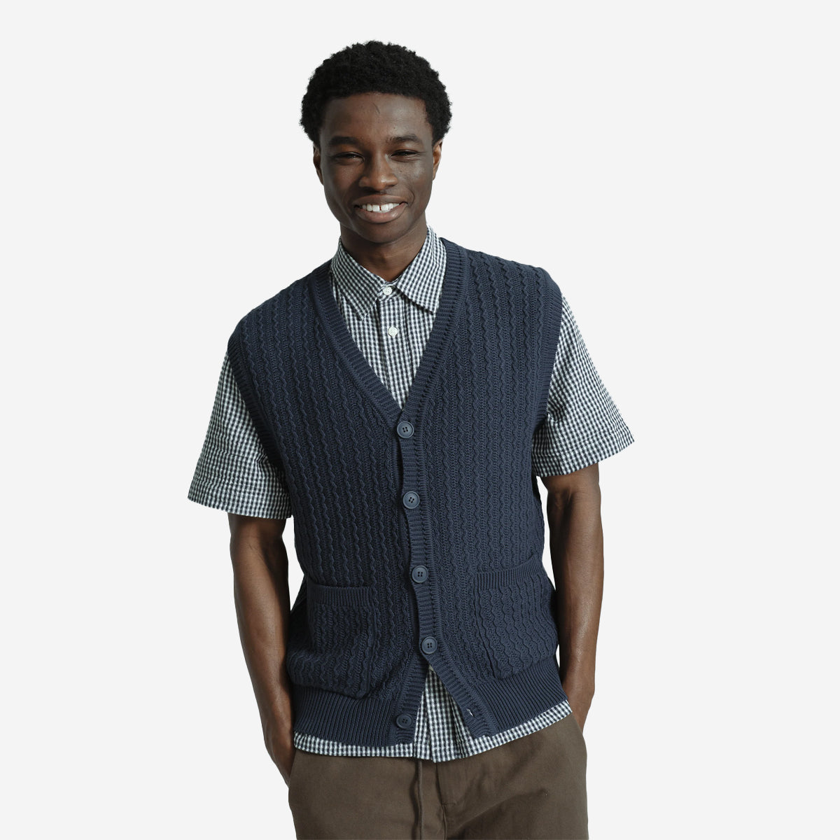 Cropper Cable Knit Buttoned Vest - Navy