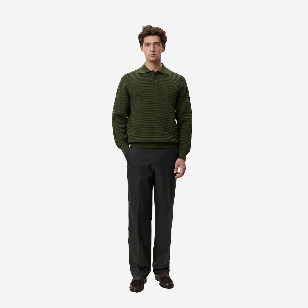 Check Structure Knitted LS Polo - Rifle Green
