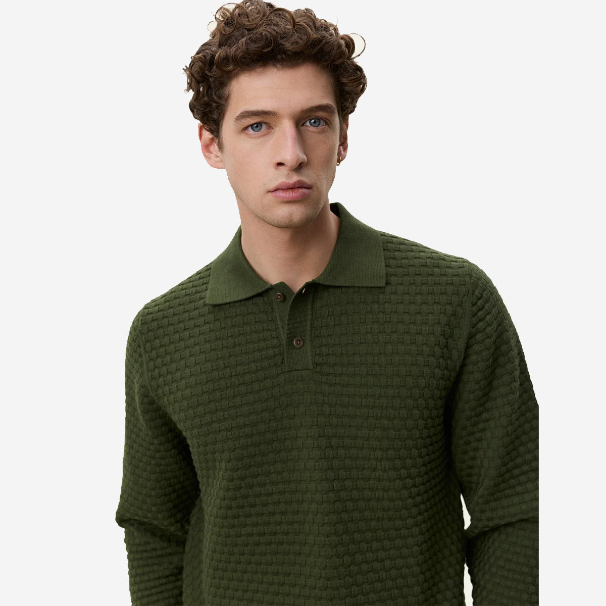Check Structure Knitted LS Polo - Rifle Green