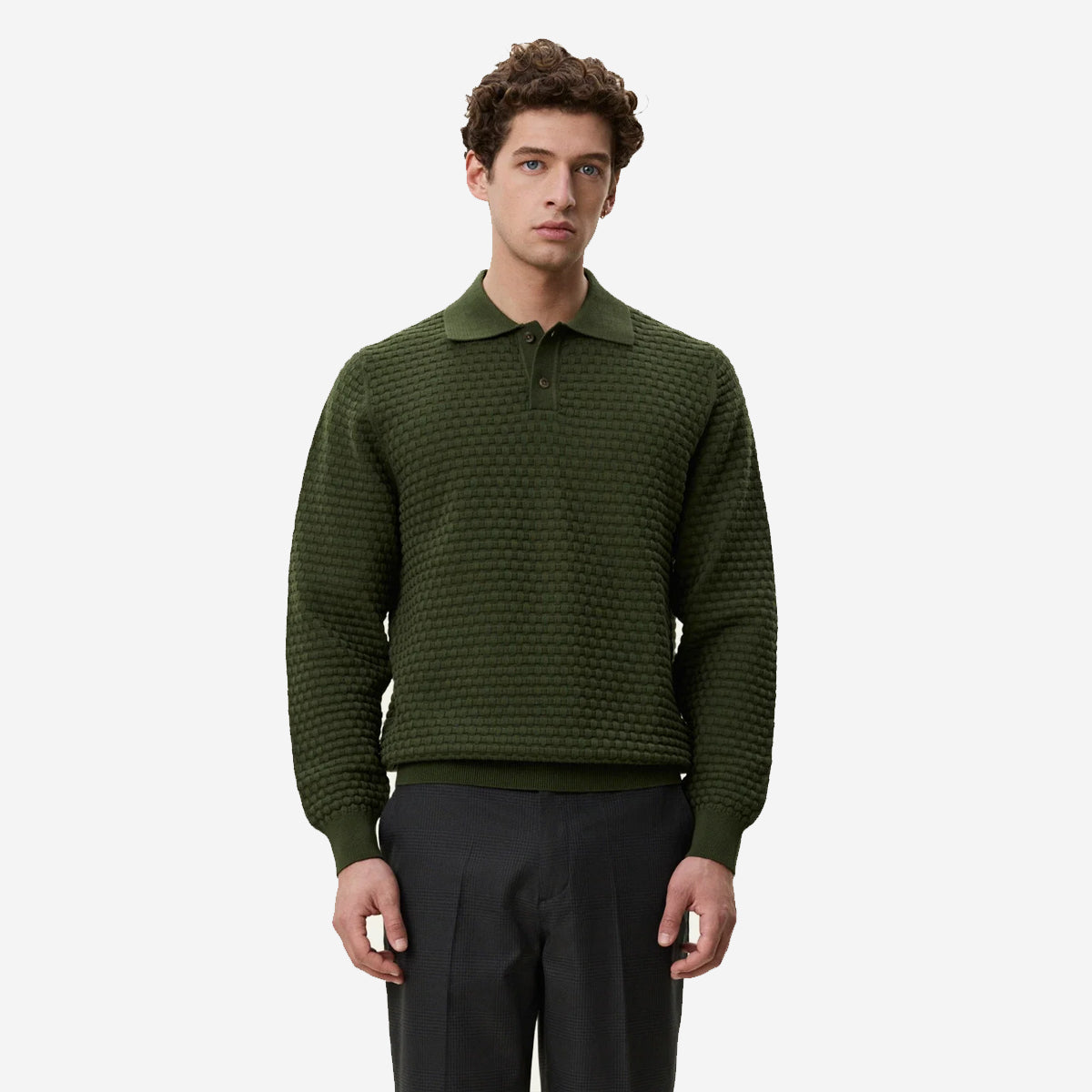Check Structure Knitted LS Polo - Rifle Green