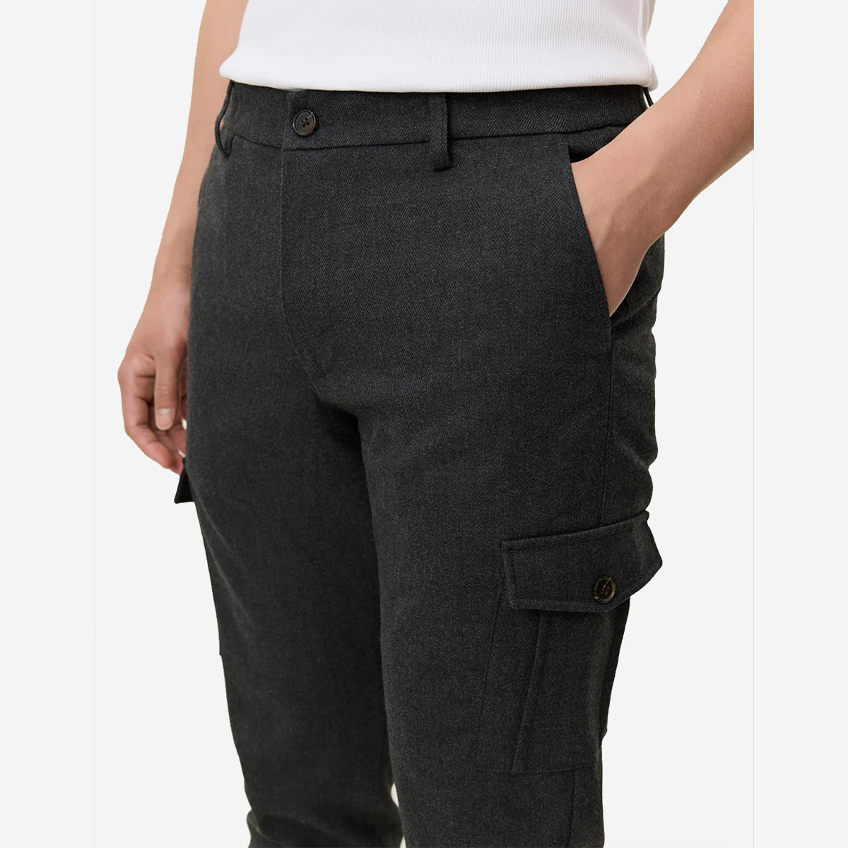 Como Regular Cargo Herringbone Pants - Charcoal Melange