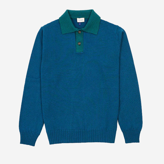 Dalton Contrast Collar Merino Wool Polo - Blue