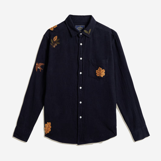 Embroidery Foliage Flannel Shirt - Navy