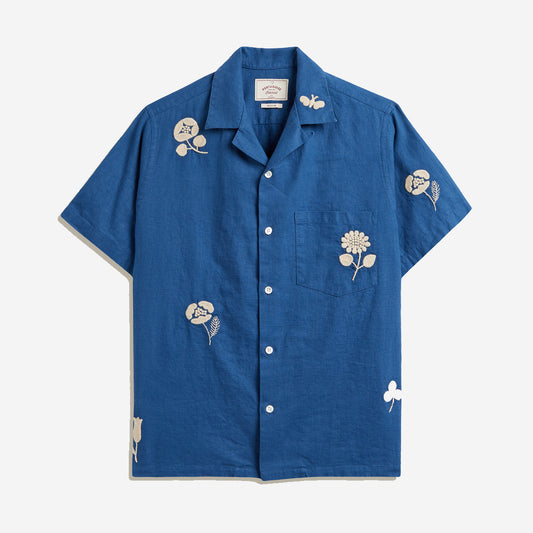 Embroidery Nature Ramie S/S Vacation Shirt - Blue