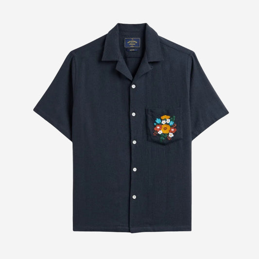 Piqué Floral Embroidery S/S Vacation Shirt - Navy