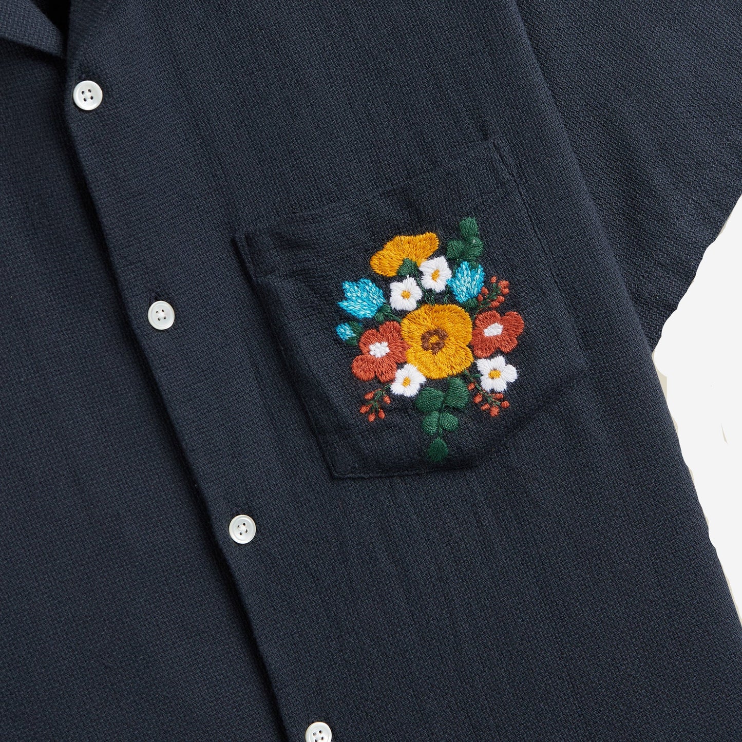 Piqué Floral Embroidery S/S Vacation Shirt - Navy