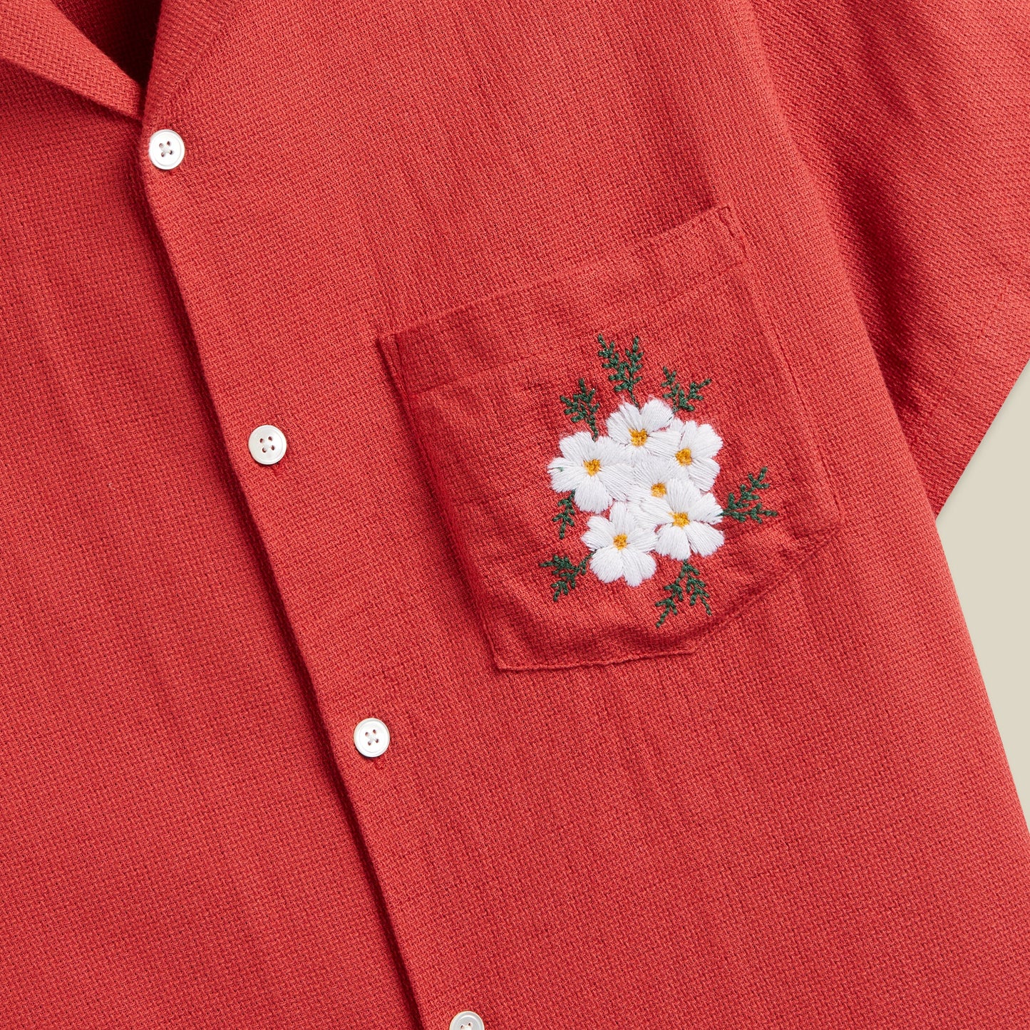 Piqué Floral Embroidery S/S Vacation Shirt - Clay