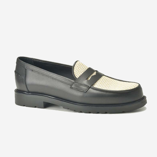 Escale Drift Leather + Raffia Penny Loafer -  Black + Ecru