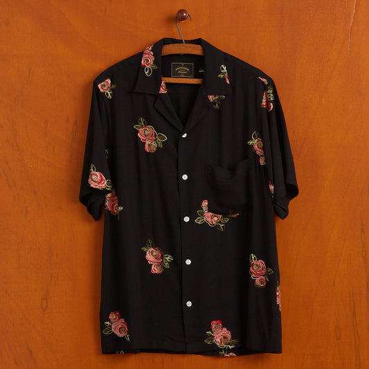 Embroidered Roses S/S Vacation Shirt - Black