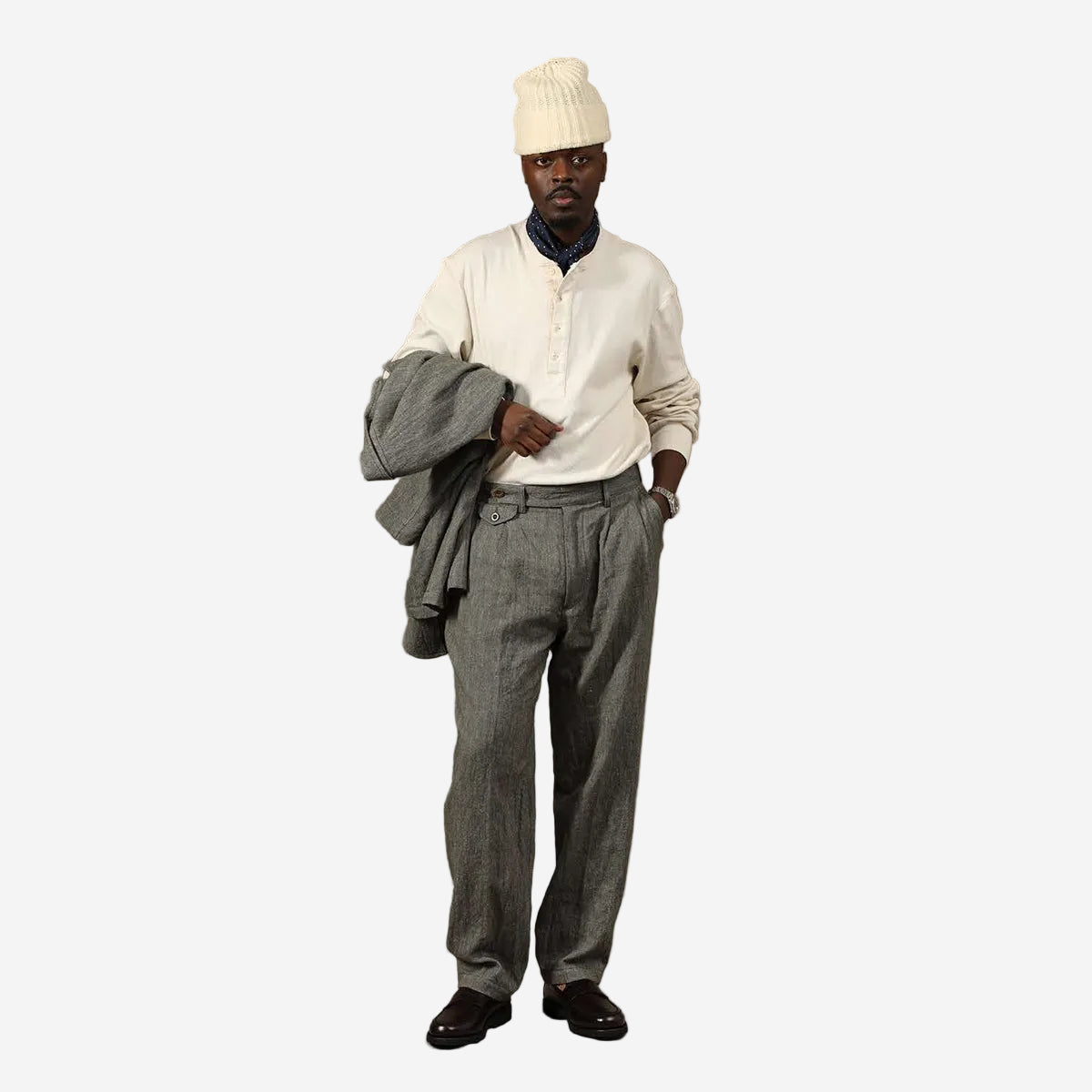 Enfield Two Pleat Herringbone Linen Wool Pants - Charcoal