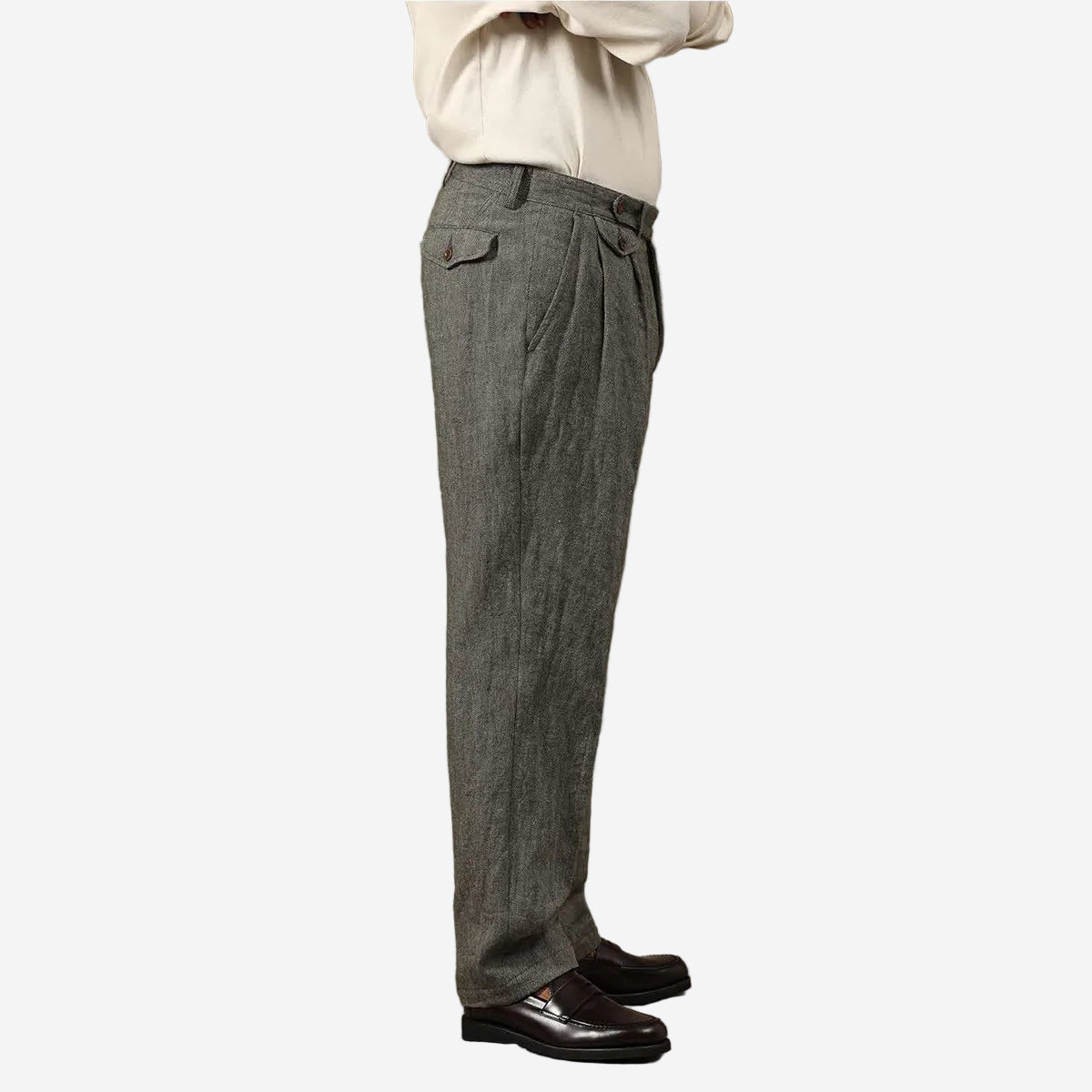 Enfield Two Pleat Herringbone Linen Wool Pants - Charcoal