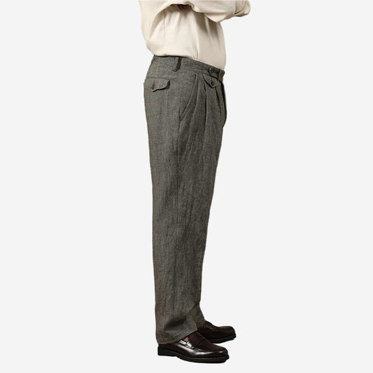 Enfield Two Pleat Herringbone Linen Wool Pants - Charcoal