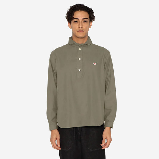 Pullover Round Collar Pocket Flannel Shirt - Olive Chambray