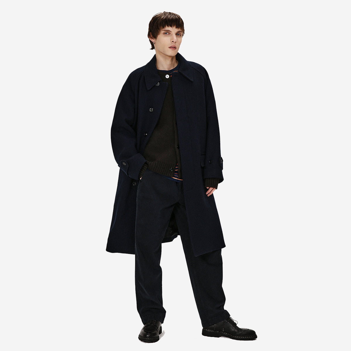 FM Felted Wool Balmacaan Coat - Navy