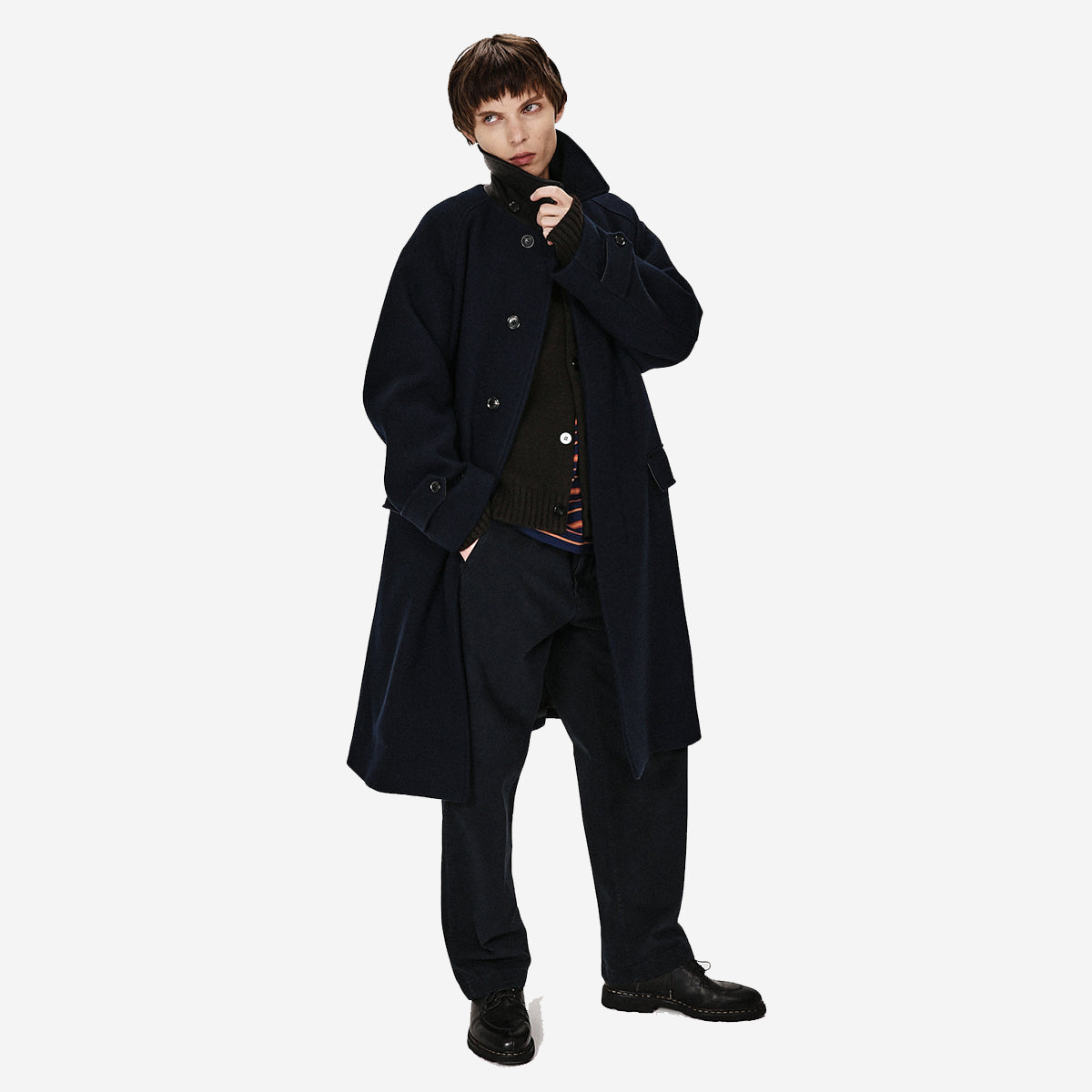 FM Felted Wool Balmacaan Coat - Navy