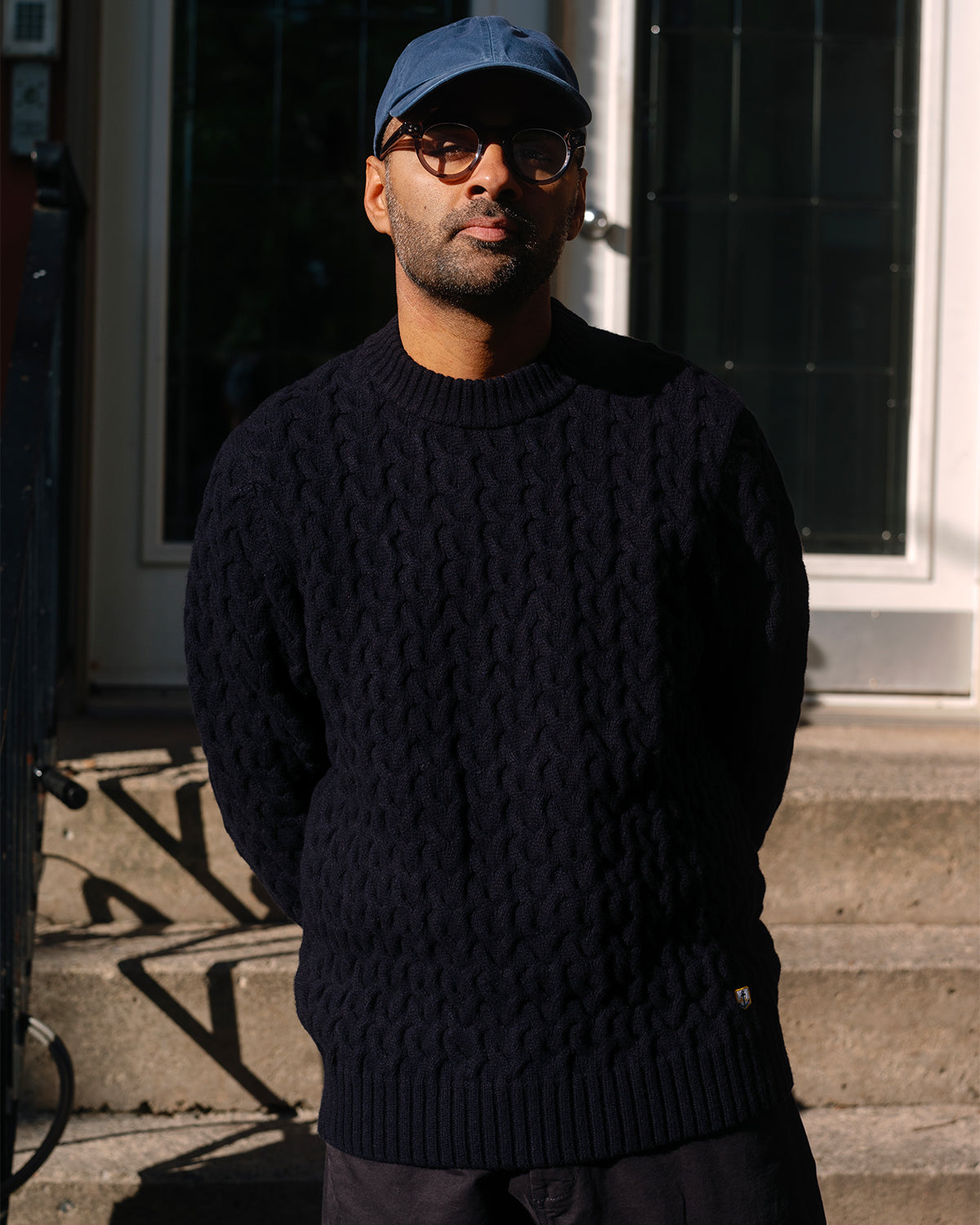 Cable Knit Fisherman Wool Sweater - Navy