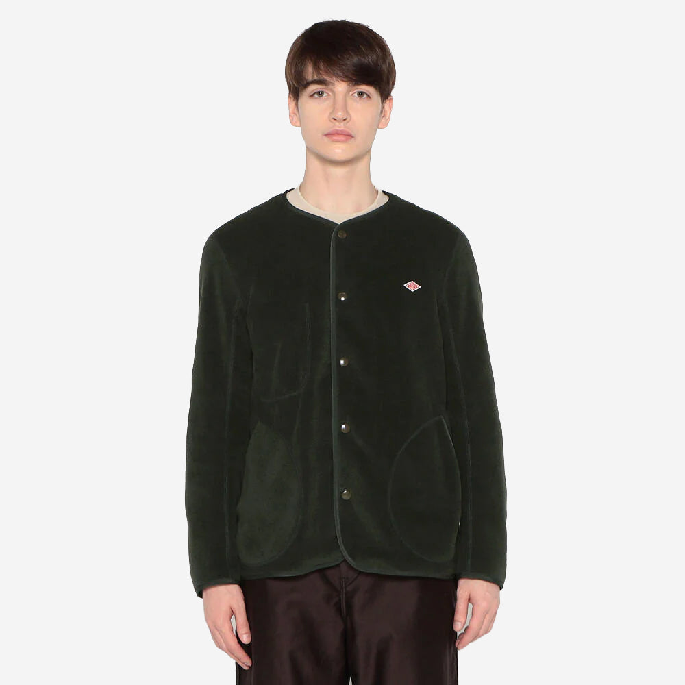 Fleece Collarless Jacket - Dark Green