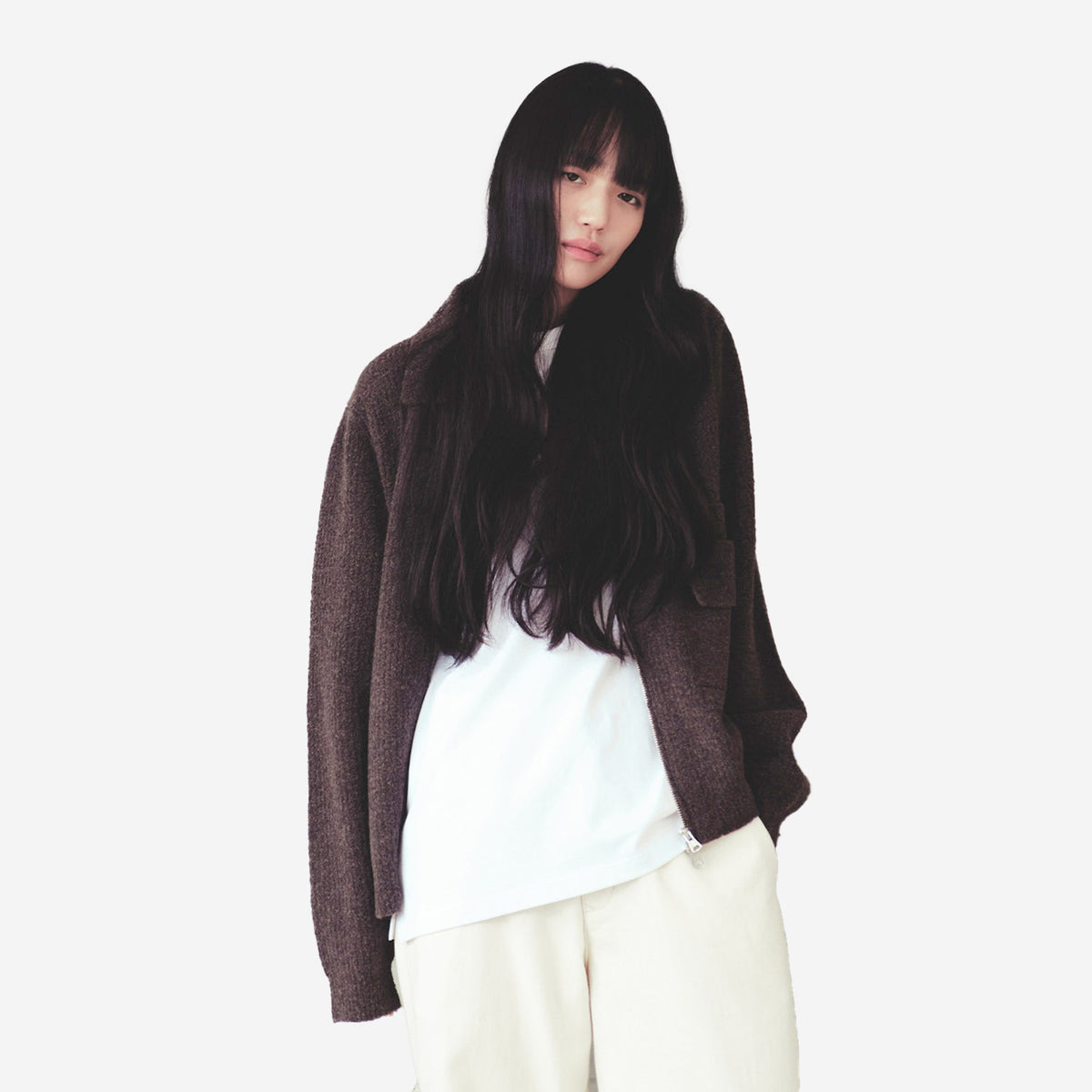 Forshey Boucle Zip Knit Cardigan - Brown