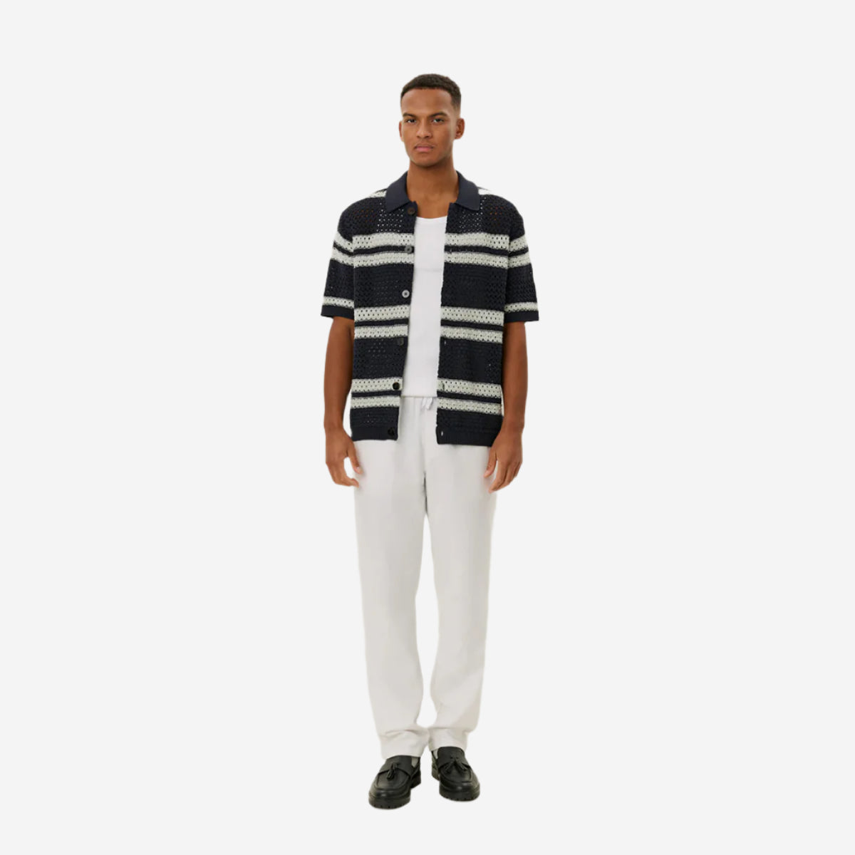 Gianni Knitted Stripe S/S Shirt - Dark Navy