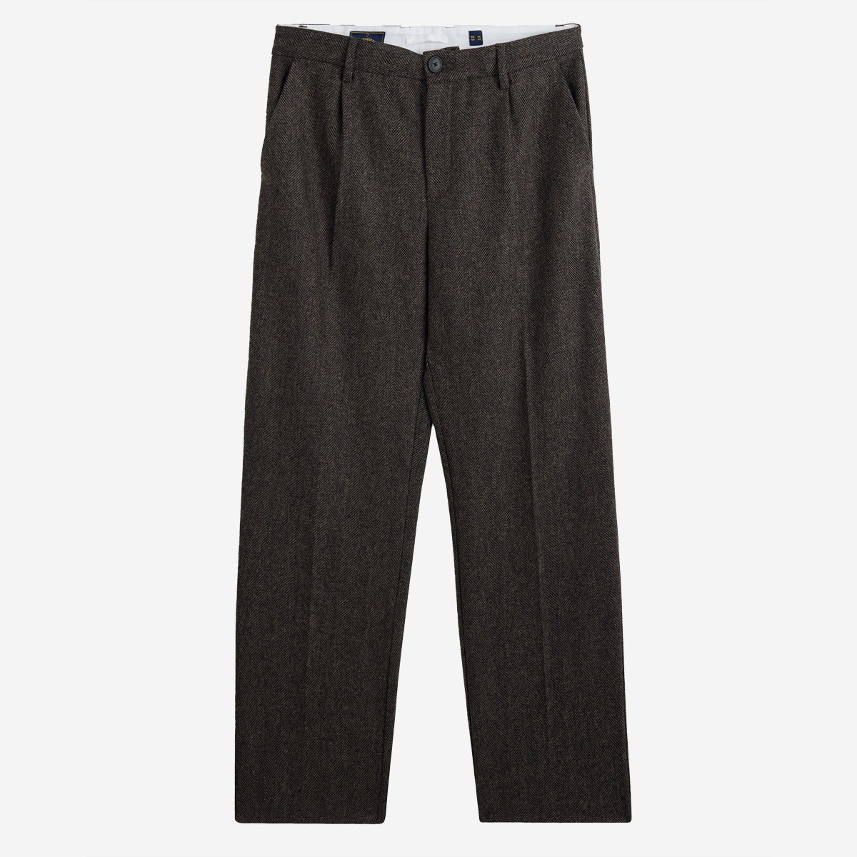 Herringbone Single Pleat Wool Trousers - Brown