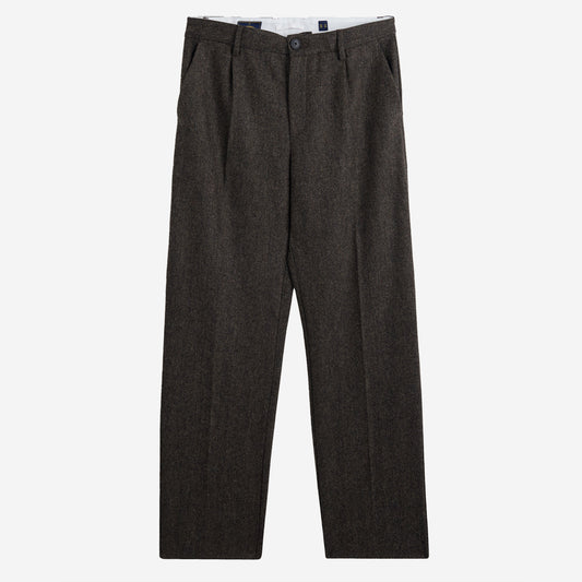 Herringbone Single Pleat Wool Trousers - Brown