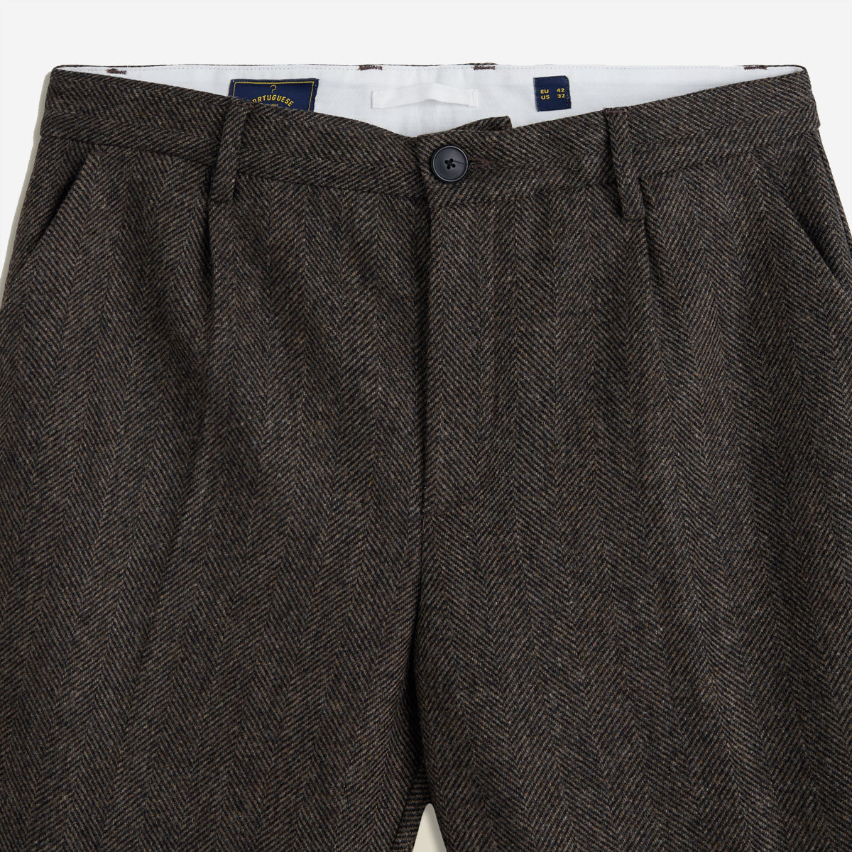 Herringbone Single Pleat Wool Trousers - Brown