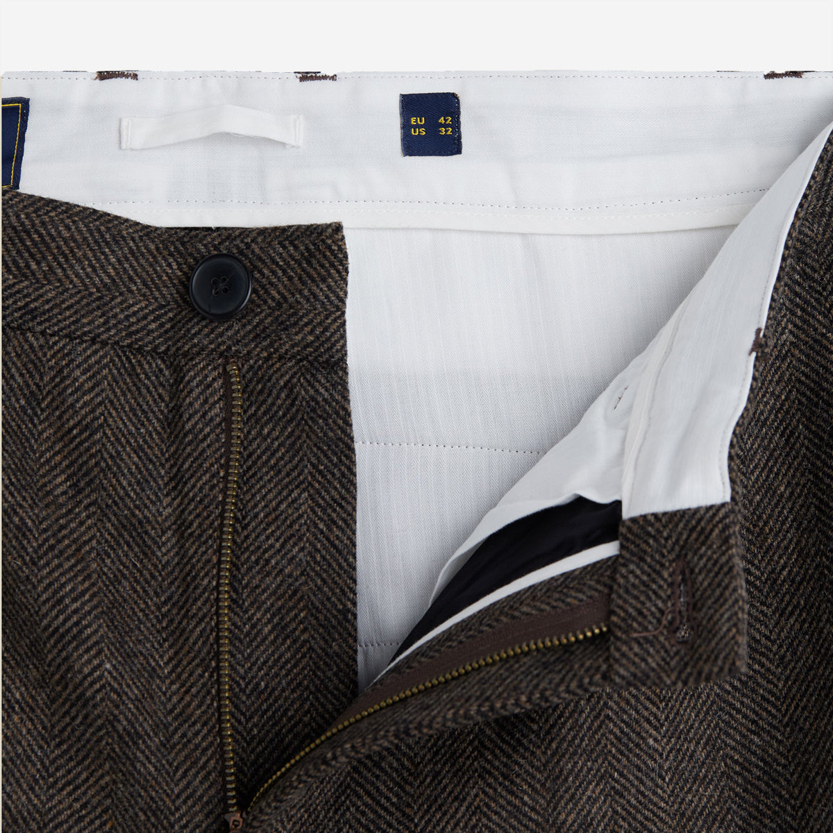 Herringbone Single Pleat Wool Trousers - Brown