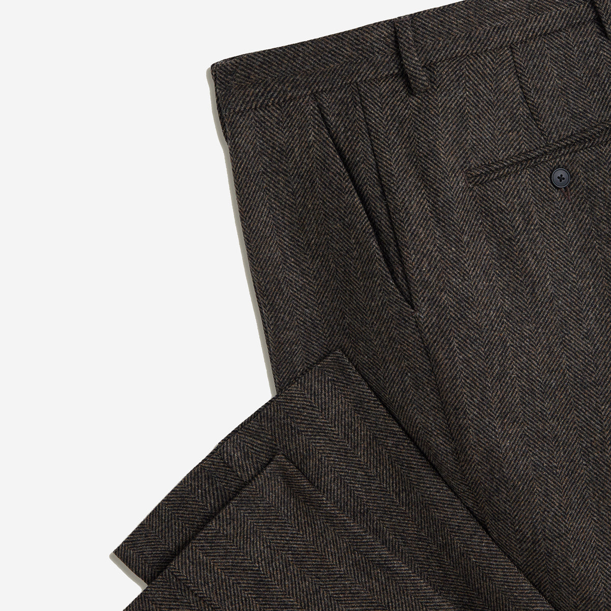 Herringbone Single Pleat Wool Trousers - Brown