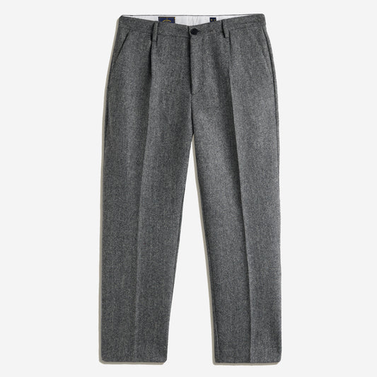 Herringbone Single Pleat Wool Trousers - Charcoal