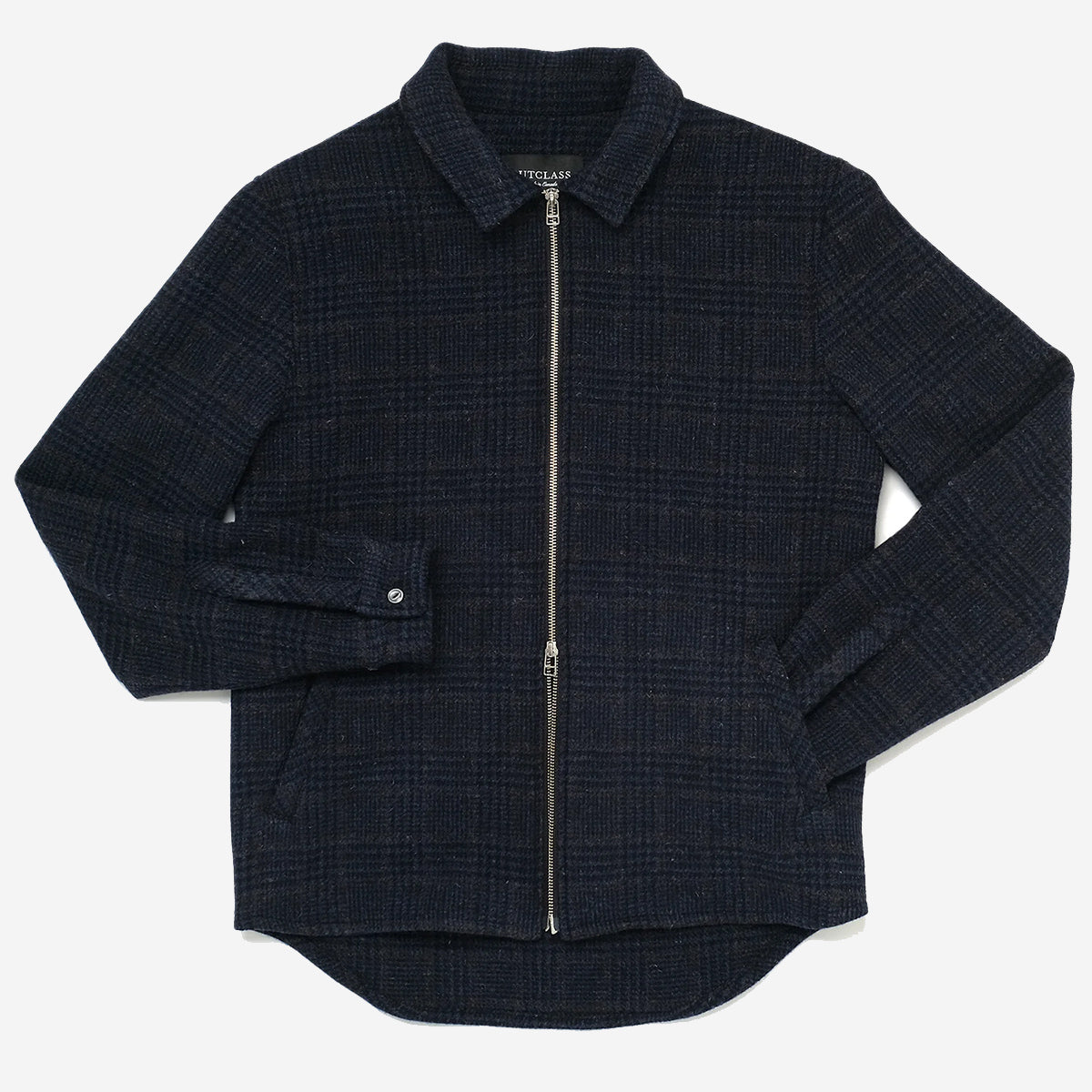 Houndstooth Wool Zip Overshirt - Navy Plaid