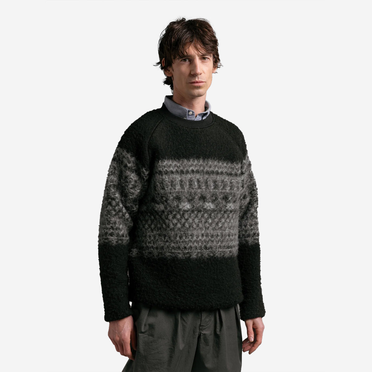 Junction Fairisle Band Wool Fleece Crew - Black