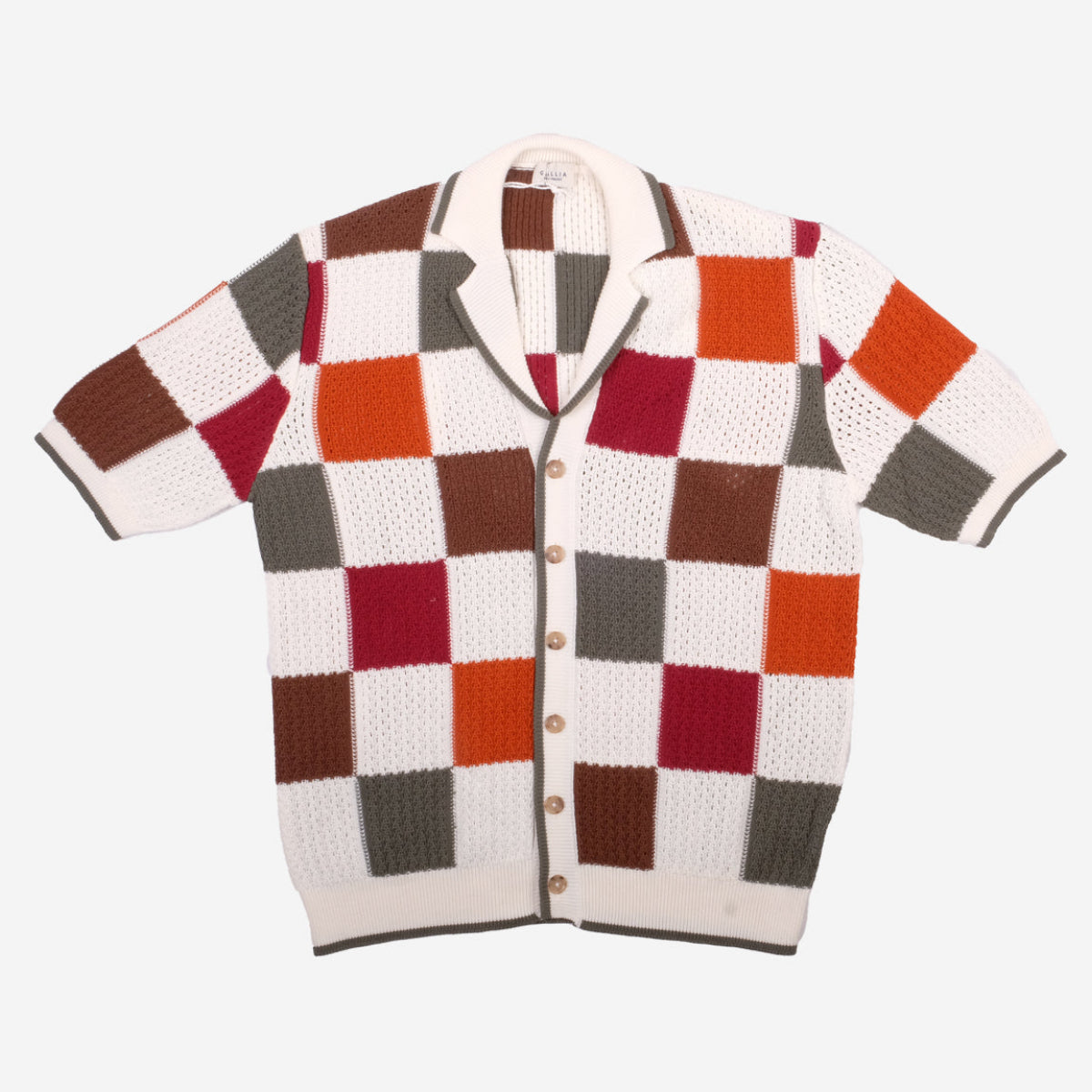 Jacob Patchwork Knit Vacation Shirt - White/Olive/Burgundy