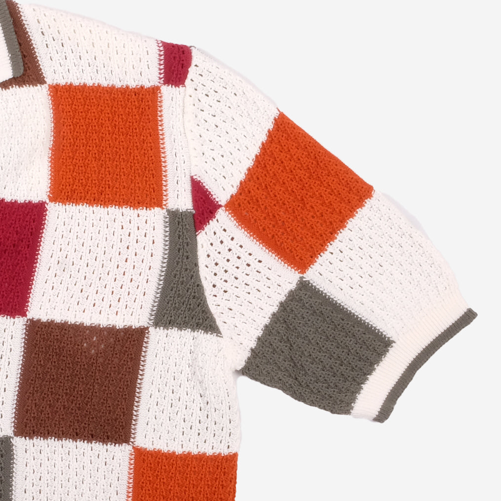 Jacob Patchwork Knit Vacation Shirt - White/Olive/Burgundy