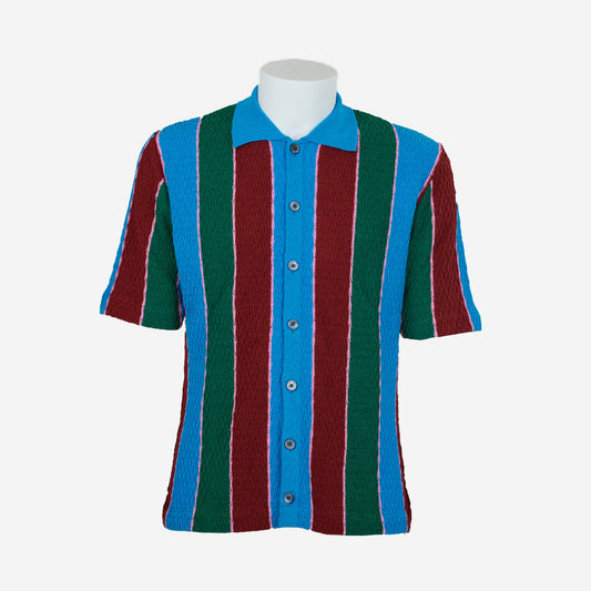 Ken Bouclé Stripe Knit Polo Cardigan - Blue/Green