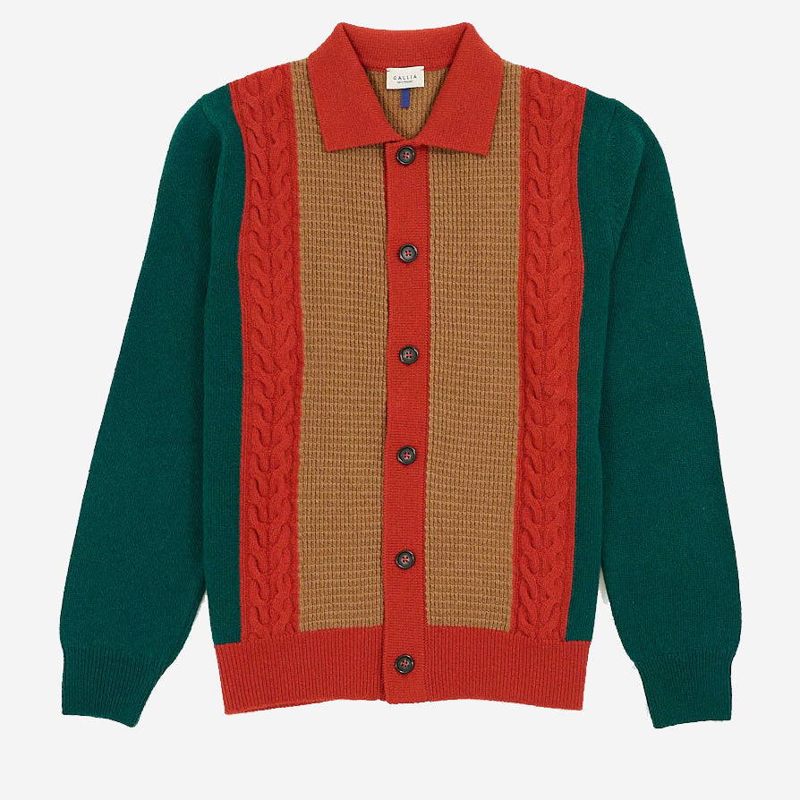 Kettler Waffle + Braid Merino Wool Cardigan - Green/Orange