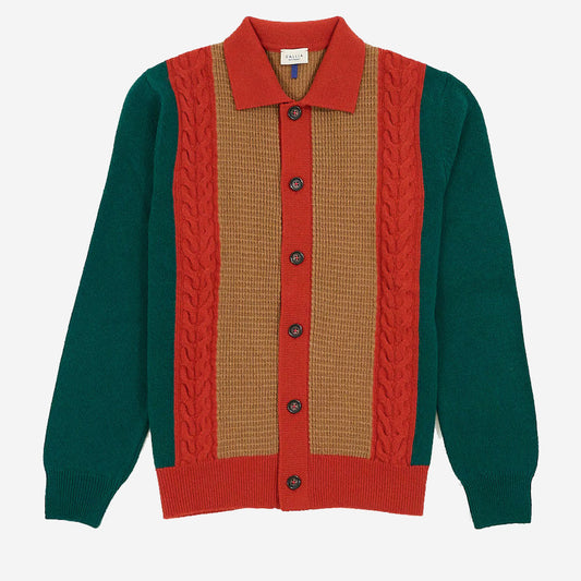 Kettler Waffle + Braid Merino Wool Cardigan - Green/Orange