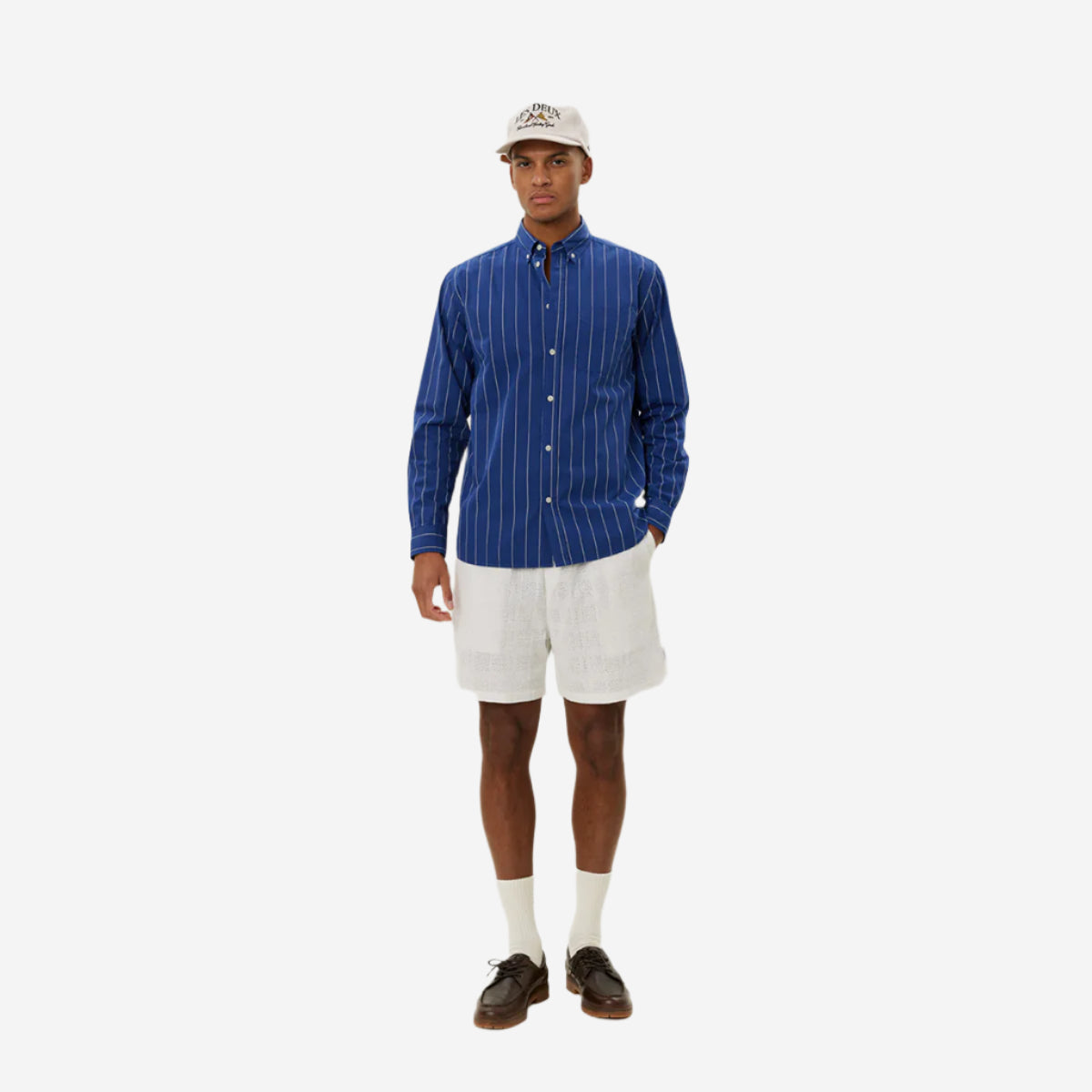 Kent Stripe Peached Poplin Shirt - Blueprint/White