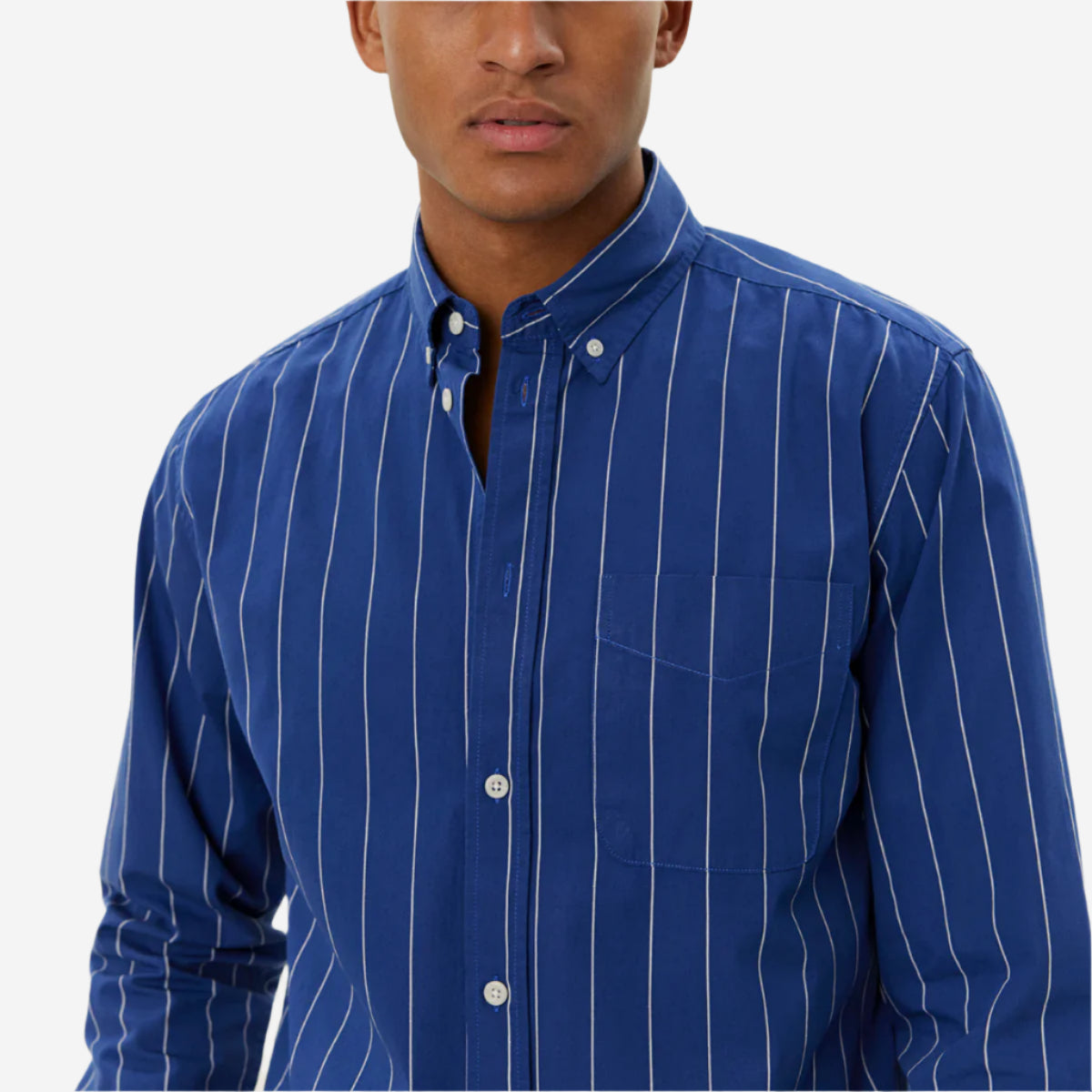 Kent Stripe Peached Poplin Shirt - Blueprint/White