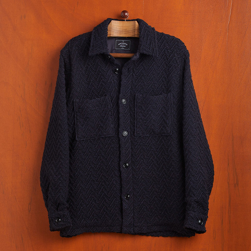 Knitted Herringbone Wool Overshirt - Navy