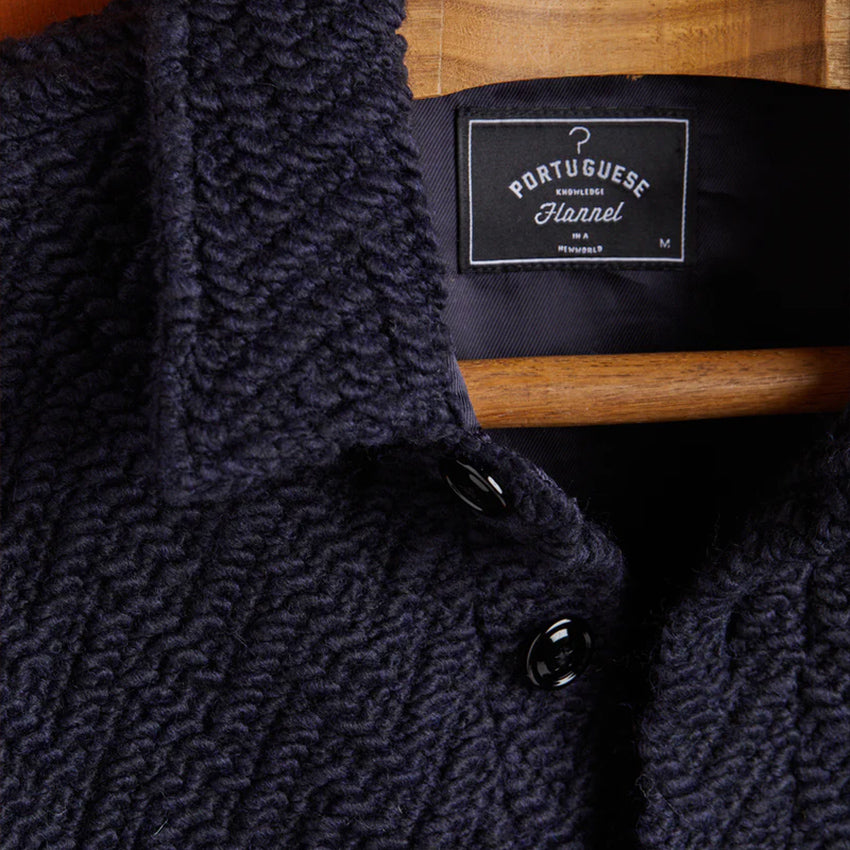Knitted Herringbone Wool Overshirt - Navy