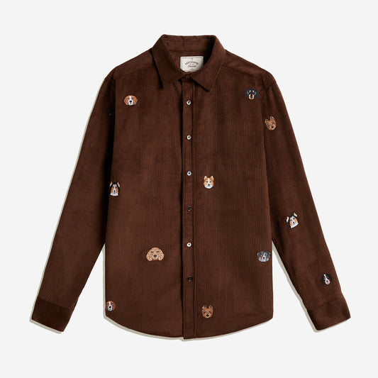 Lobo Embroidered Dogs Corduroy Shirt - Brown